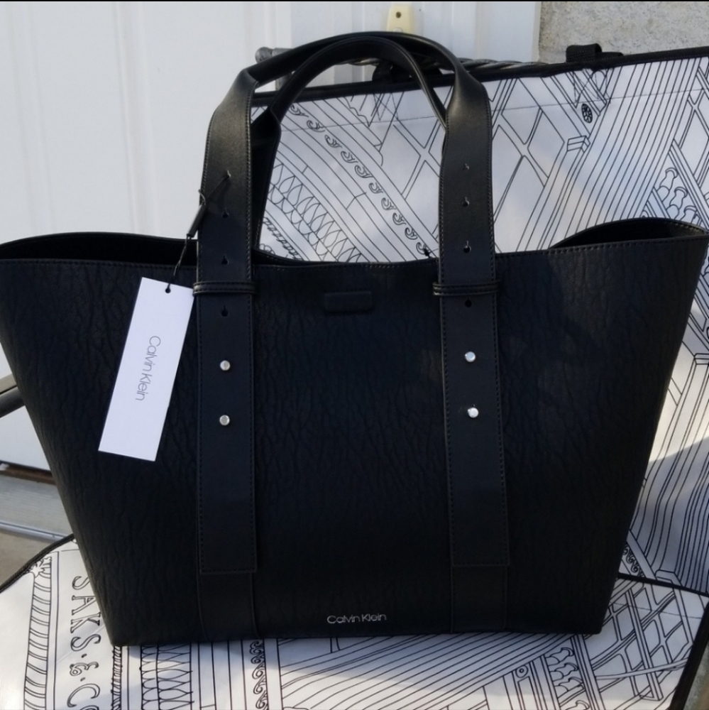 NEW Calvin Klein Black Large Sleek Textured Leather Bag